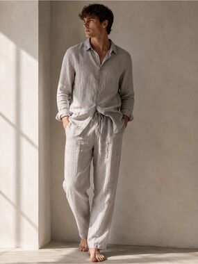 BALA 100% Linen Matching Set Light Gray Shirt & Pants Size L Fits M Like New